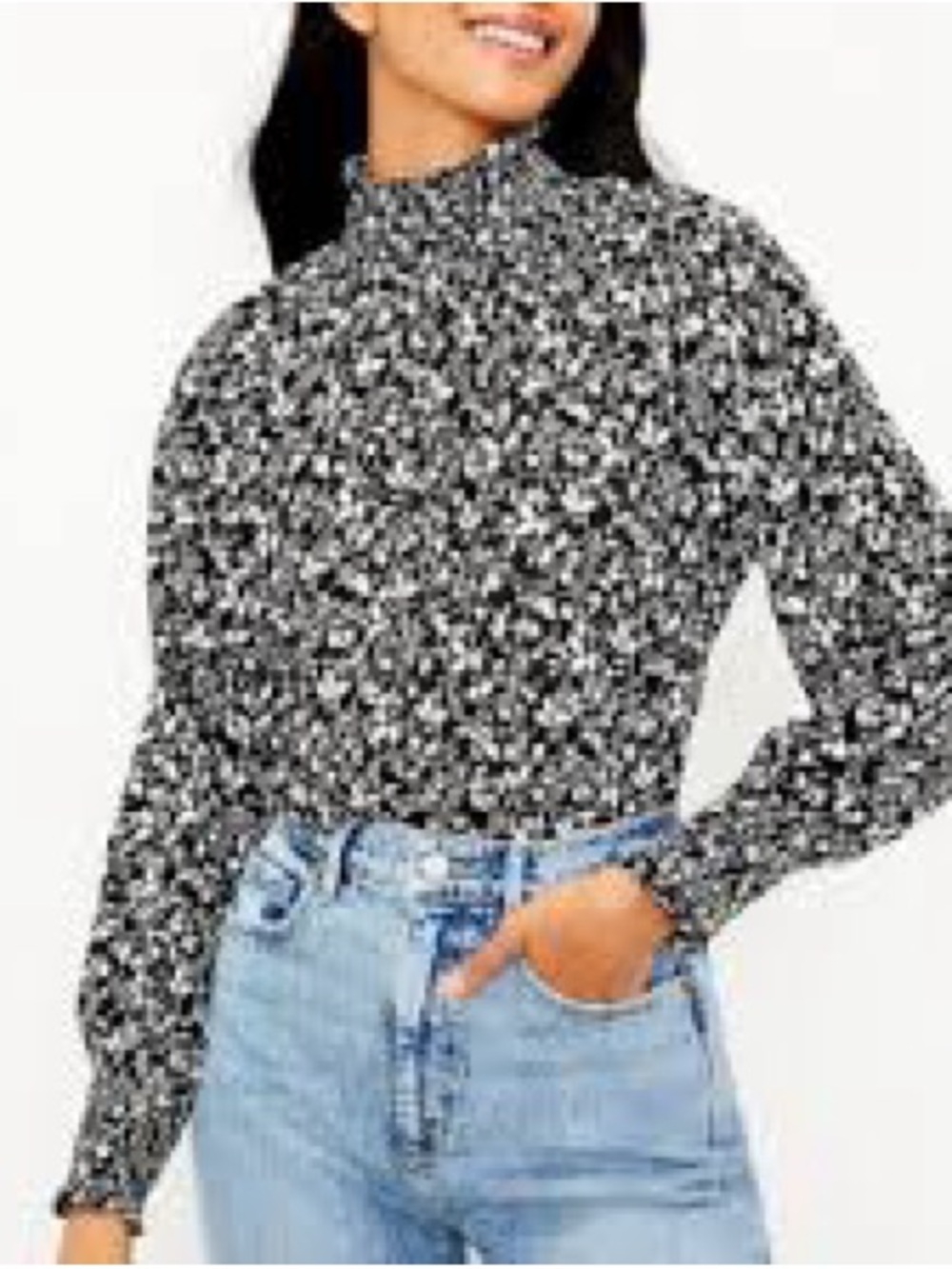 Loft Black and White Floral Mock Neck Women's Top Sz S